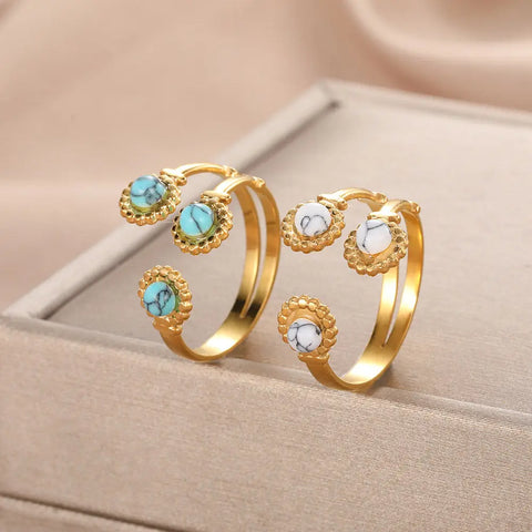 Natural Stone Open Rings For Women Sun Flower Fancy Rings Stainless Steel Jewelry