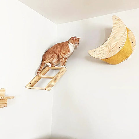 Prateleira de escalada interna para gatos, montada na parede, poste para arranhar com rede em forma de lua ou plataforma de salto para descanso de gatinhos