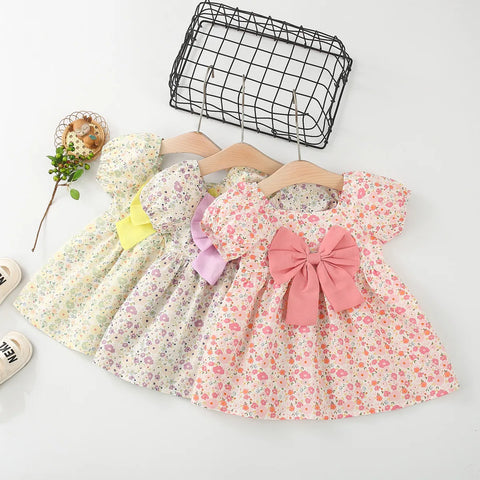 Vestido infantil de verão para bebês, flor rosa, vestido de princesa com mangas bufantes, vestido de aniversário para crianças e meninas