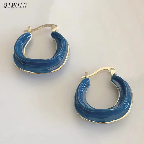 Pendientes de aro de cobre esmaltado azul marino para mujer, diseño vintage, estilos de metal grueso, moda geométrica