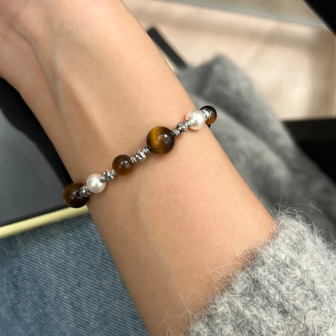 Stainless Steel Natural Tiger Eye Stone Bracelet For women Pearl  Indian Style Handmade