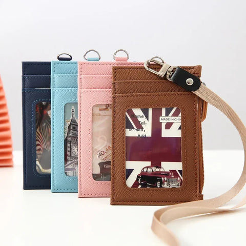 Leather Credit Card Holder with Neck Lanyard unisex Multi-card Coin Money Key Card Wallet Student Bus ID Card Bags Purse Bag