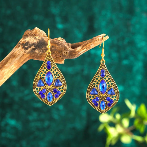 Pendientes colgantes bohemios vintage de color azul real para mujer, borla larga étnica de gota de agua