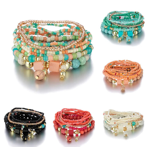 Conjunto de pulsera de cuentas de arroz de colores para mujer, brazalete de cadena con cuentas hecho a mano de verano, étnico bohemio para mujer