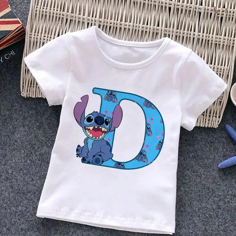 Camiseta de algodón con letras ABCD de Stitch para niños, camisetas combinadas, ropa informal Kawaii de dibujos animados para niños, camisetas Harajuku para niñas y niños