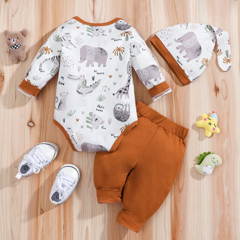 Baby Clothes Set  Long Sleeve Animal Print Romper+ Pants+ Hat 3pcs Outfits Fall Winter