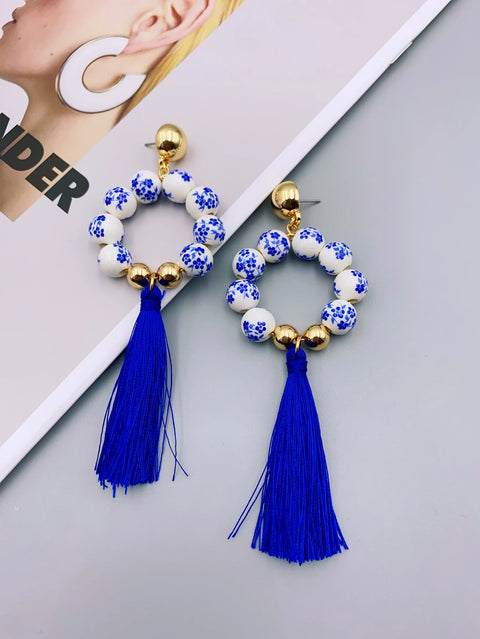 Handmade Ceramic Earrings with Ethnic Fringe and Beads earrings for women