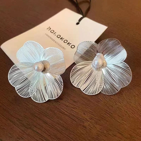 Silver Color Metal Earrings Large Flower Stud Earrings