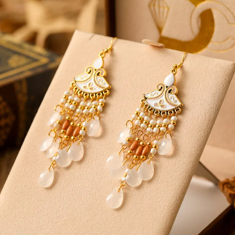 Bohemian Multicolor Rice Bead Water Drop Long Enamel Fan-Shaped Earring