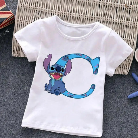 Stitch carta abcd crianças camiseta de algodão combinação camisetas desenhos animados kawaii criança roupas casuais menina menino harajuku topos