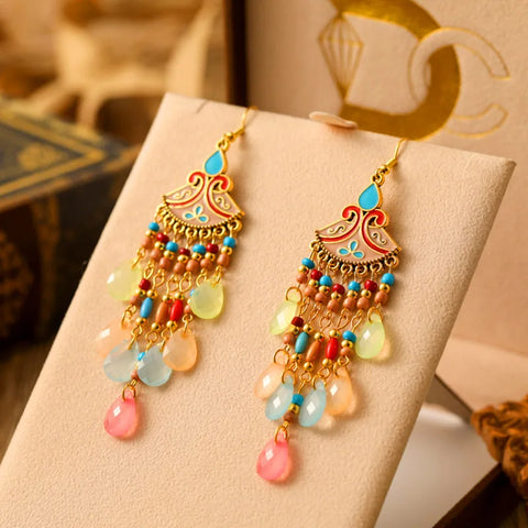 Bohemian Multicolor Rice Bead Water Drop Long Enamel Fan-Shaped Earring