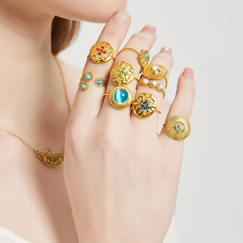 Anillos abiertos de piedra natural para mujer, anillos de lujo con diseño de girasol, joyería de acero inoxidable