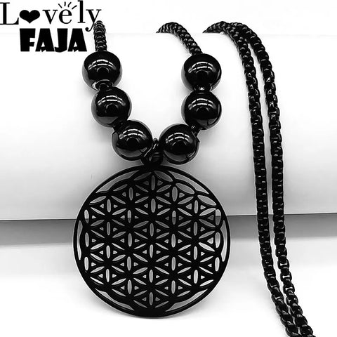 Flower of Life Stainless Steel Mandala Metatron Necklaces Sacred Geometry Long Black Bead Necklace Jewerly flor de la vida