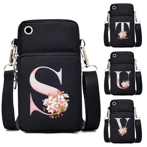 Bolso bandolera para mujer, pequeño bolso de mano, bandolera, cartera para teléfono, monedero con estampado del alfabeto Sakura 26, tarjetero para mujer