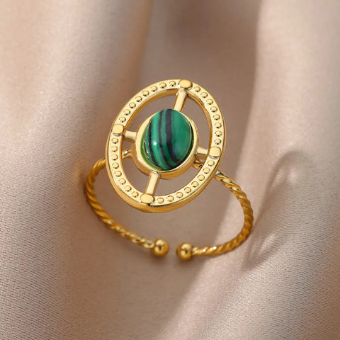 Stainless Steel Green Natural Stone Rings Vintage Trend Jewelry 18K Gold Color Opening Ring