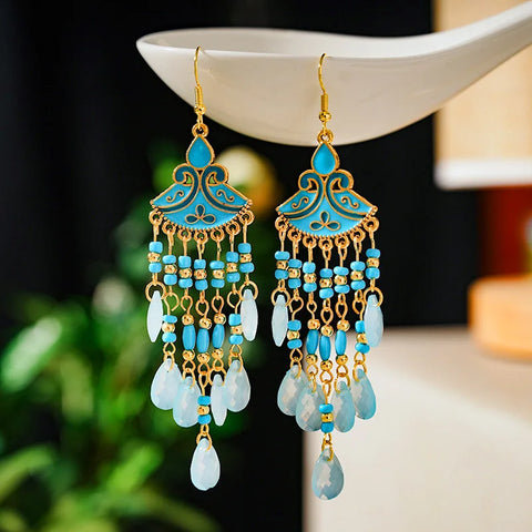 Bohemian Multicolor Rice Bead Water Drop Long Enamel Fan-Shaped Earring