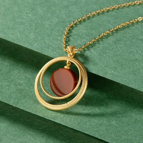 S925 Sterling Silver Gold Plated Tibetan Style Natural Southern Red Agate Necklace