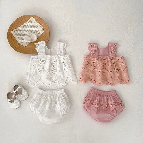 Princess Baby Girl Clothes 0-3Years Newborn Kids Solid Color Sleeveless Lace Vest Tops+ Bloomers Shorts 2PCS Summer Outfits Set