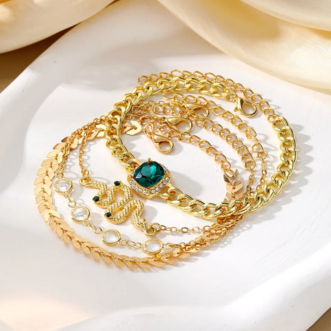 Gold Color 4 Piece Set Bohemia Bracelet for Women Green Crystal Zircon Snake Chain