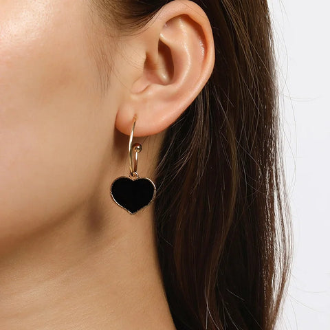 Pendientes de esmalte de corazón, pendientes coreanos negros con colgante de gota de aceite para mujer, pendientes de aro grandes con forma de corazón, joyería minimalista