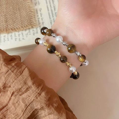 Stainless Steel Natural Tiger Eye Stone Bracelet For women Pearl  Indian Style Handmade