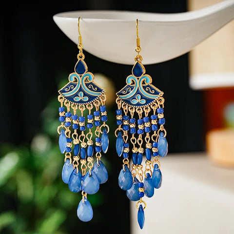 Bohemian Multicolor Rice Bead Water Drop Long Enamel Fan-Shaped Earring