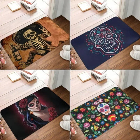 Alfombrilla de suelo con diseño de calavera de azúcar del Día de los Muertos, antideslizante, para decoración del hogar, baño, cocina, lavable, para sala de estar, pasillo, entrada