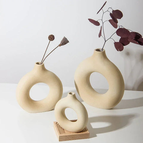 Vaso nórdico circular oco cerâmica donuts vaso de flores