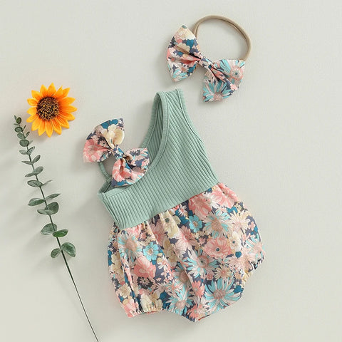 Conjunto de dos piezas para niña, mono de verano con estampado floral de un hombro y diadema elástica