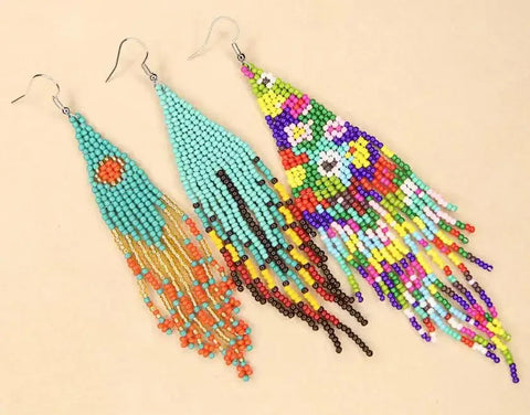 Fringe Earrings  Bohemia  Hand knitting  Beading  pattern  Fashion  Gradual change  Red sun  alloy  ma'am  Rice Bead Earrings