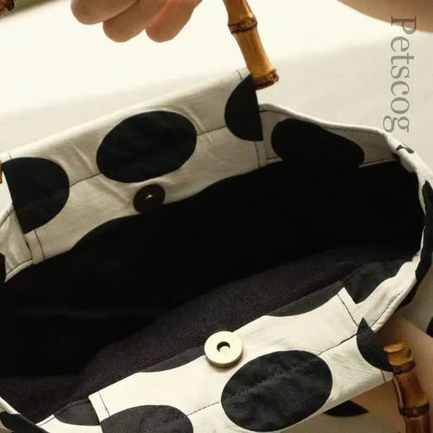 Bolso de mano Vintage Chic para mujer, bolso de mano de gran capacidad con estampado de puntos negros y mango de bambú, bolso de mano grande a la moda de verano para mujer