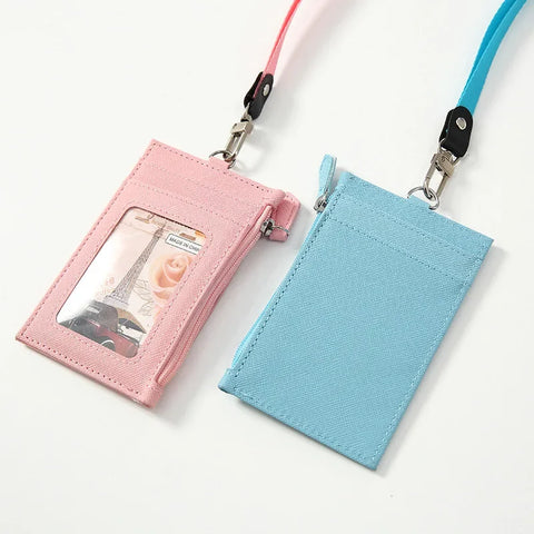 Leather Credit Card Holder with Neck Lanyard unisex Multi-card Coin Money Key Card Wallet Student Bus ID Card Bags Purse Bag