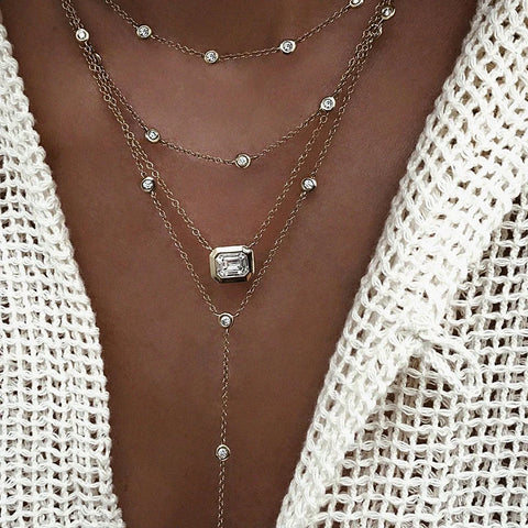 Multilayer Necklaces with Vintage Multielement Crystals, Boho, Geometric Crystal Pendants,