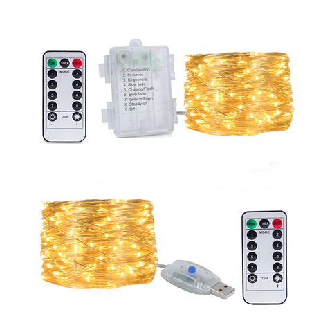 LED USB/Bateria Cobre Luzes de Fada Guirlanda Controle Remoto