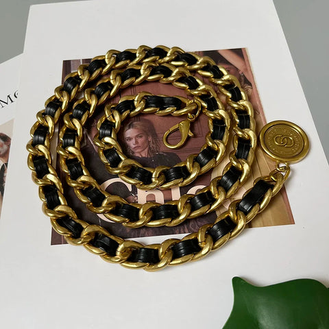 Golden Chain Belt With Interlaced PU Leather Ribbon