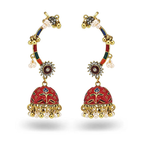 Vintage Ethnic Enamel Flower Jhumka Earrings for Ladies Zircon Bead Tassel Statement Earring Pendants Retro Jewelry