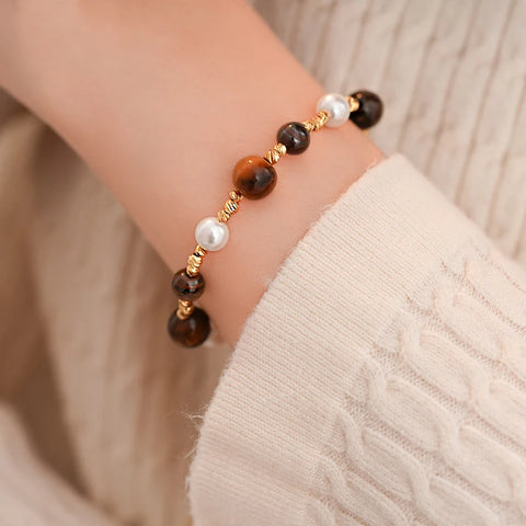 Stainless Steel Natural Tiger Eye Stone Bracelet For women Pearl  Indian Style Handmade