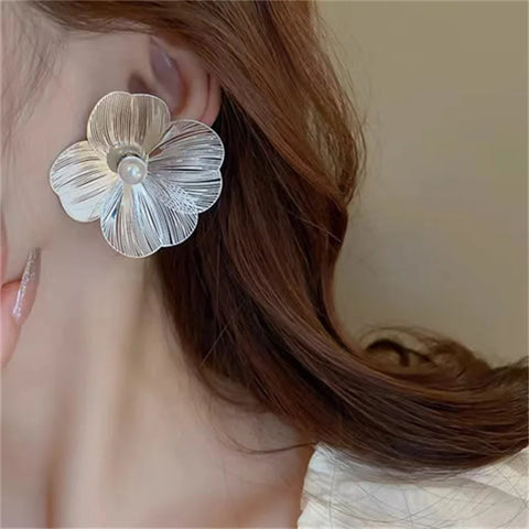 Silver Color Metal Earrings Large Flower Stud Earrings