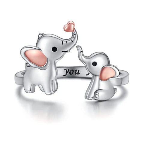 Anillo ajustable con circonitas y corazón de amor entre madre e hijo, con bonito elefante