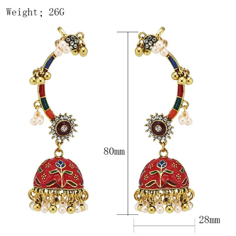 Vintage Ethnic Enamel Flower Jhumka Earrings for Ladies Zircon Bead Tassel Statement Earring Pendants Retro Jewelry