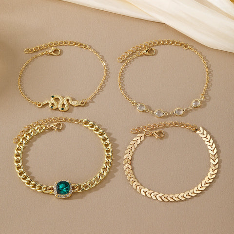 Gold Color 4 Piece Set Bohemia Bracelet for Women Green Crystal Zircon Snake Chain