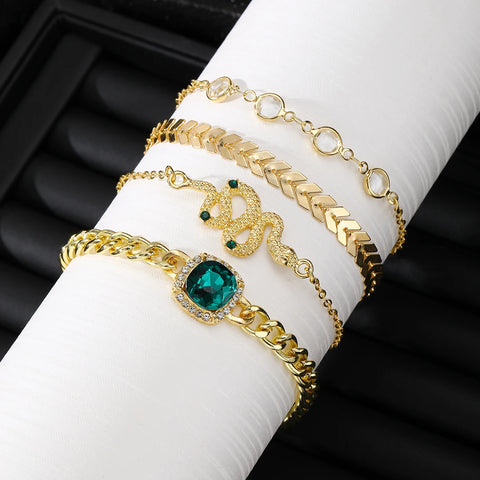 Gold Color 4 Piece Set Bohemia Bracelet for Women Green Crystal Zircon Snake Chain