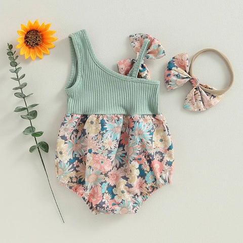 Conjunto de dos piezas para niña, mono de verano con estampado floral de un hombro y diadema elástica