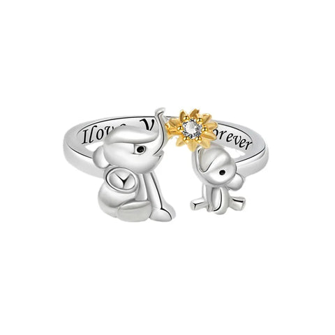 Anillo ajustable con circonitas y corazón de amor entre madre e hijo, con bonito elefante