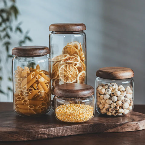 Kitchen Airtight Spices Seasoning Storage for Food Glass Suger Jars Box with Acacia Wood Lid 1 Piece