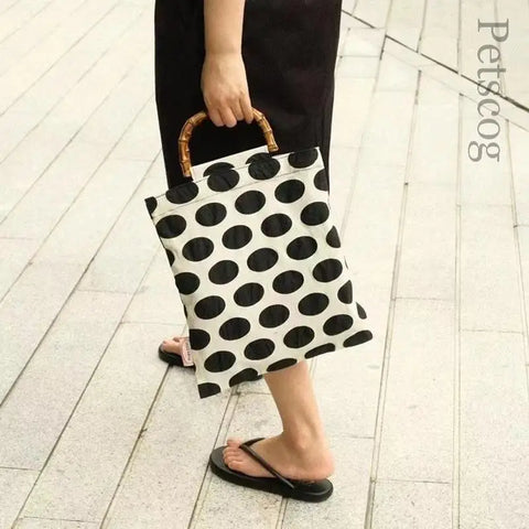 Bolso de mano Vintage Chic para mujer, bolso de mano de gran capacidad con estampado de puntos negros y mango de bambú, bolso de mano grande a la moda de verano para mujer