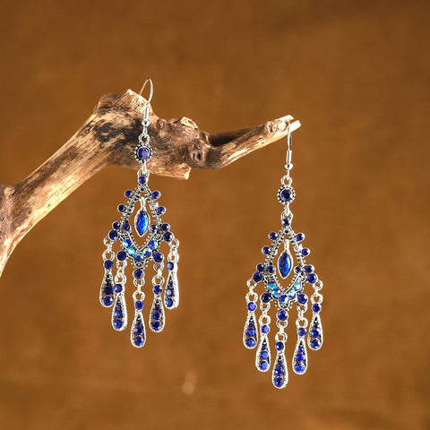 Pendientes colgantes bohemios vintage de color azul real para mujer, borla larga étnica de gota de agua