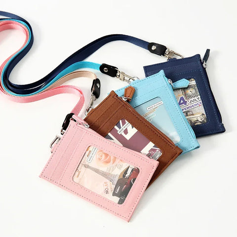 Leather Credit Card Holder with Neck Lanyard unisex Multi-card Coin Money Key Card Wallet Student Bus ID Card Bags Purse Bag