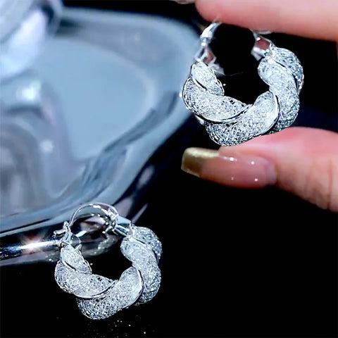 Brincos de argola de metal preenchido com zircônia escovada cor prata, acessórios luxuosos da moda para o dia a dia, joias premium