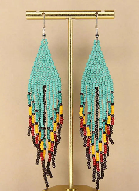 Fringe Earrings  Bohemia  Hand knitting  Beading  pattern  Fashion  Gradual change  Red sun  alloy  ma'am  Rice Bead Earrings